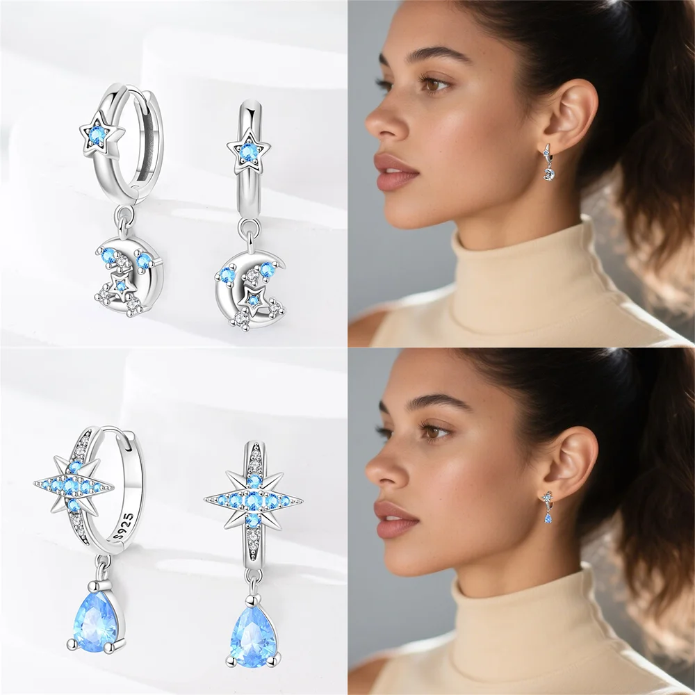 925 Silver Blue Zircon Earrings Stars Snowflake Hydrangea Earrings Purple Butterfly Candy Hoop Earrings Fashion Jewelry Gifts