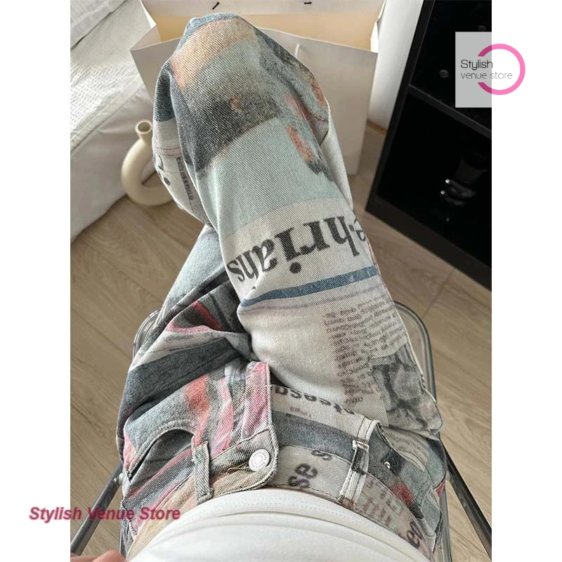 American retro print newspaper jeans women's spice girls loose fashion temperament high waist slim mop straight wide-leg pants.