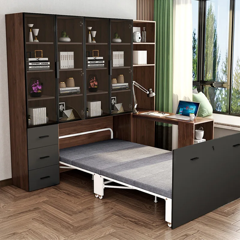

Small apartment modern simple invisible bed bookcase integrated multi-functional combination space saving folding bed pull-out