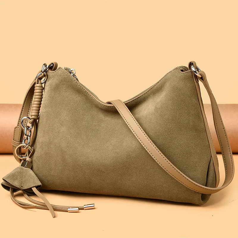 100% Echtes Wildleder Damen Schulter-Umhängetaschen Retro Echtleder Handtasche Designer Große Kapazität Pendler-Handtaschen – Detail 30