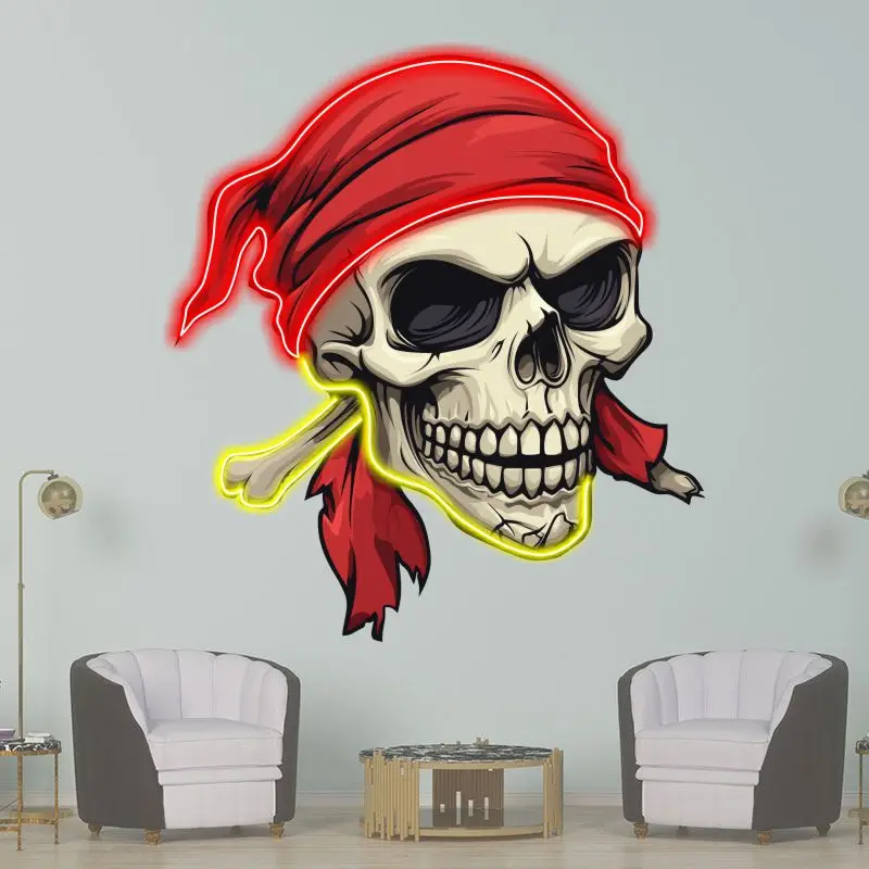 Pirate Skull In Red Turban Neon Sign, Creative Wall Hanging Neon Light, Whimsical Gift, Halloween Decor