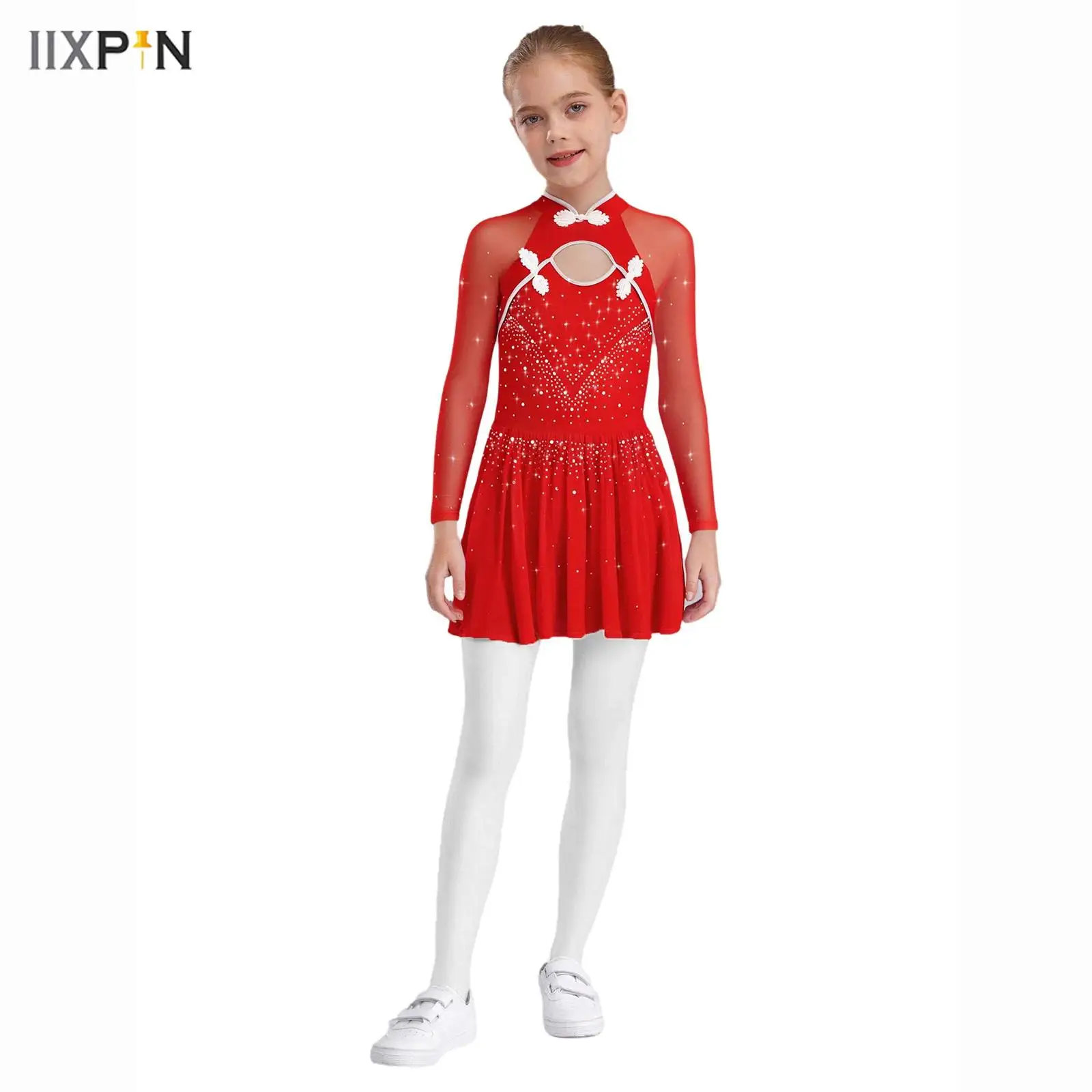 

Kids Girls Lyrical Dance Dress Long Sleeves Mandarin Collar Sheer Mesh Shiny Rhinestones Knot Button Side Split Ballet Dress