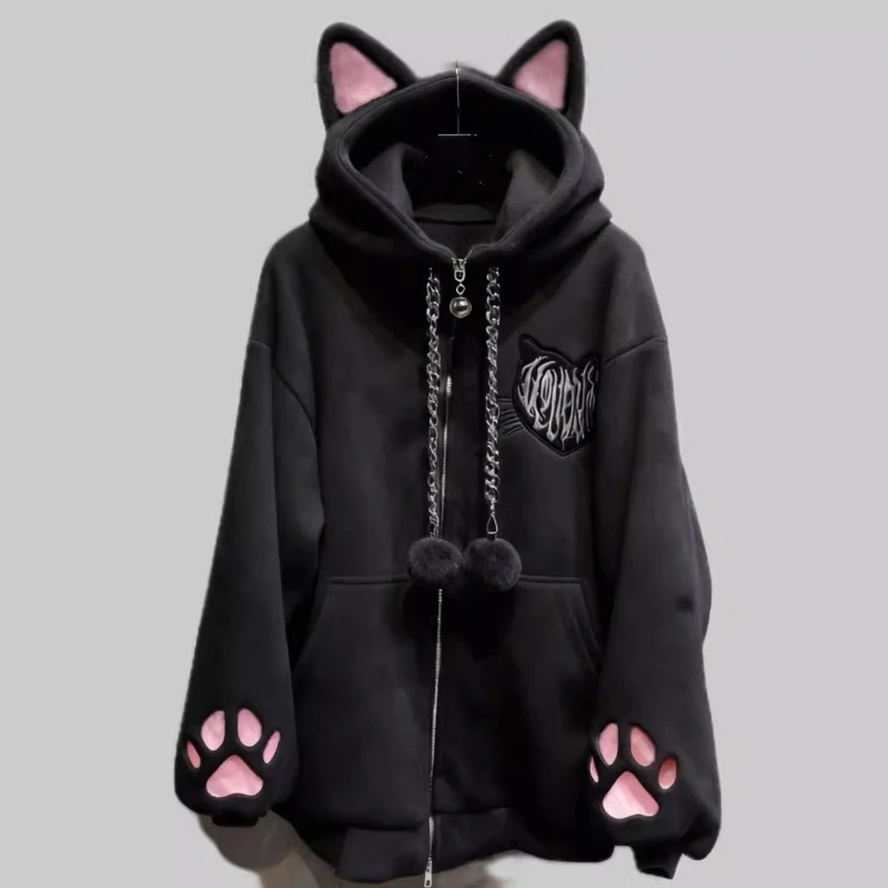 

Fleece-lined Autumn Winter Subculture Anime Cute Cat Ear Hooded Cat Paw Long-sleeve Jacket Otaku Black Cat Punk Rock Sweatshirts