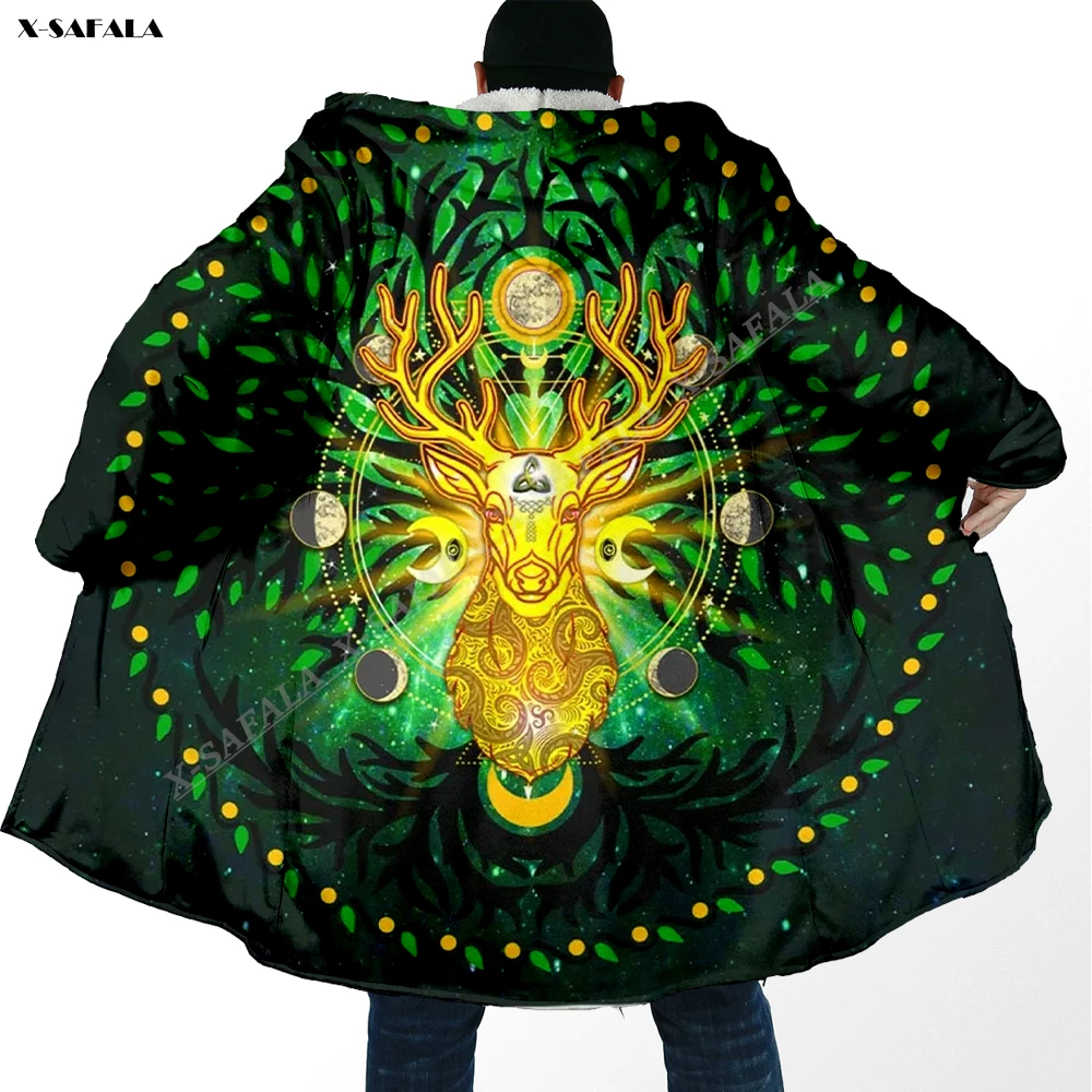 Celtic Pagan Deer Moon Tree Of Life 3D Printed Cloak Thick Winter Warm Hooded Blanket Coat Fleece Adult Jacket Pullover