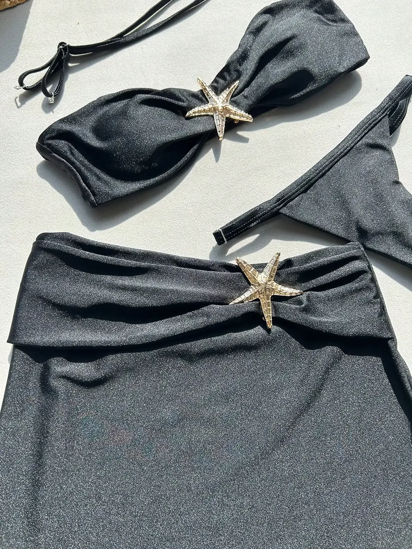 Peachtan Damskie, jednokolorowe, seksowne bikini i spódnica z szelkami, ozdobione metalowymi rozgwiazdami, trzyczęściowy zestaw do wakacji na plaży