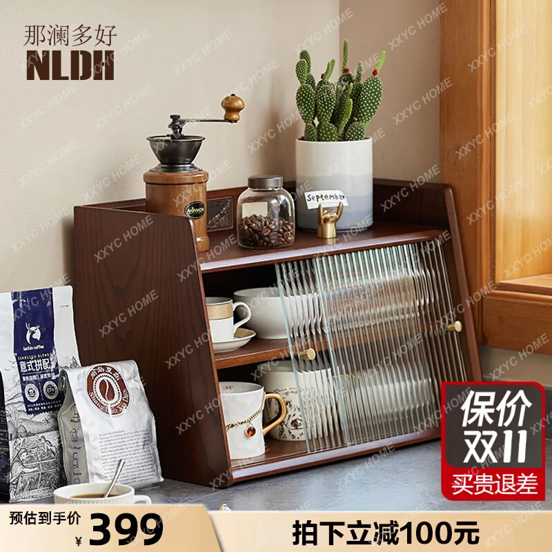 Solid wood multi-layer desktop dust-proof storage box dining table storage cup water cup tea set coffee cup rack