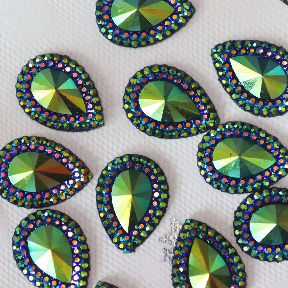 50pcs 13*18mm Water-drop AB Colorful Resin Peacock eye Flatback Rhinestone Ornament Applique Wedding DIY Scrapbook Accessories