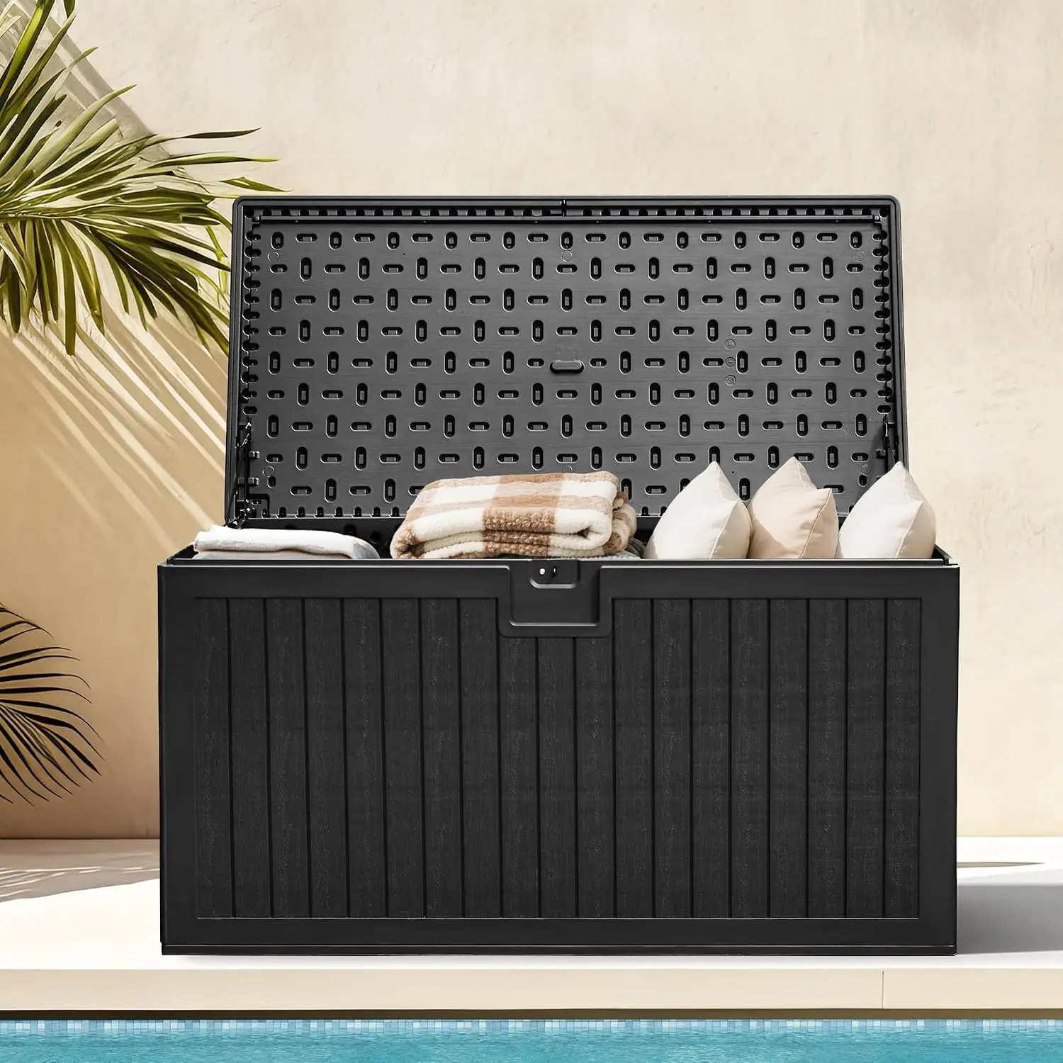 Extra Large 260 Gallon Resin Deck Box Waterproof Outdoor Storage Container With Divider Lockable Bench Seating Organizer For Patio Backyard Garden Lawn, Black