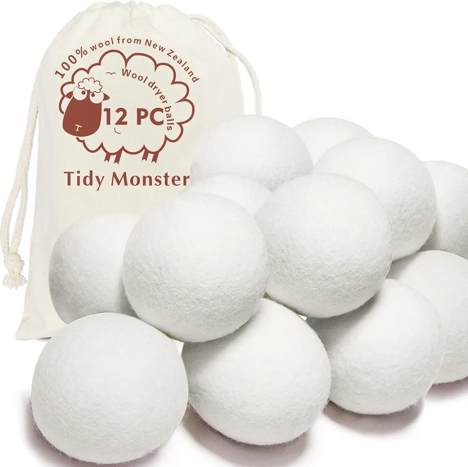 

XL 100% New Zealand Wool Dryer Balls, 12-Pack: Organic, Chemical-Free, Reduces Static & Drying Time