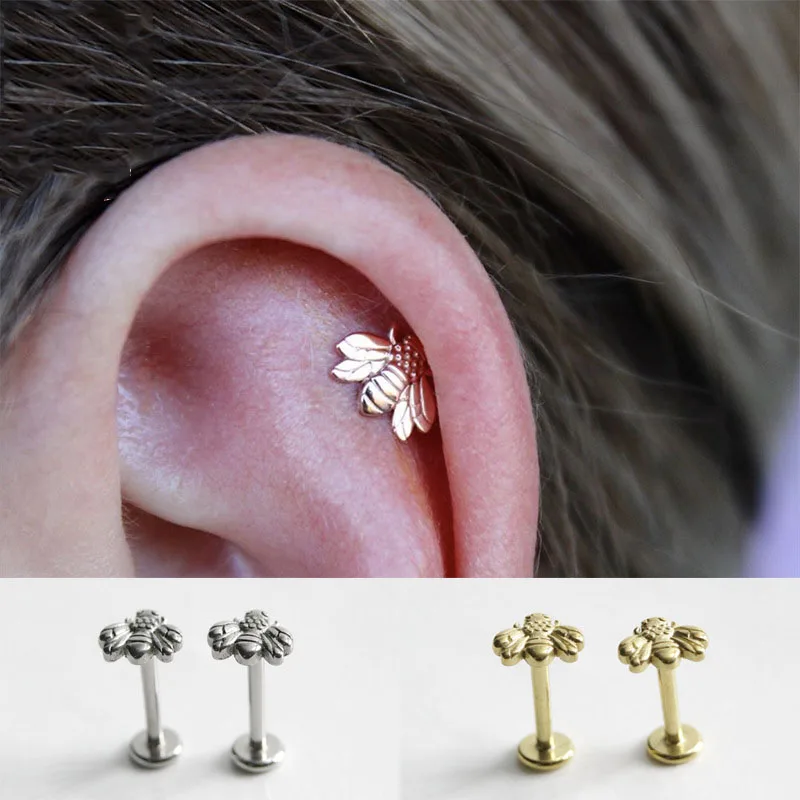 1PC Stainlesss Steel Bee Internally Threaded Labret Piercing Ring Cartilage Tragus Helix Flat Back Earring Studs For Women Men