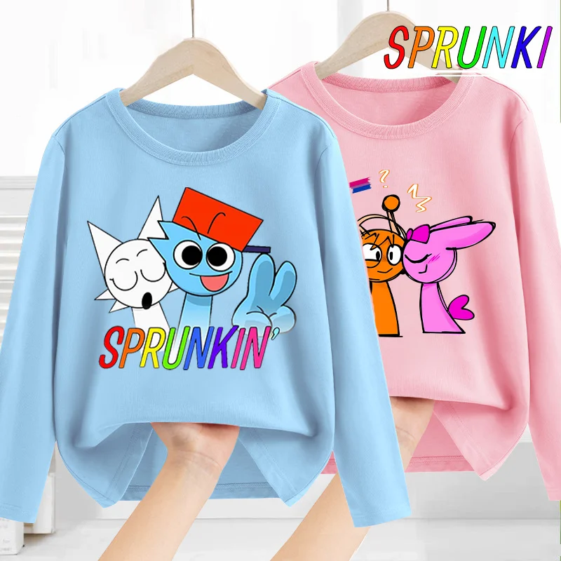 Sprunki Kids Long Sleeved Cotton T-shirt Spring Autumn Child Clothes Cute Cartoon Printed O-Neck Tops Girls Boys Casual Clothes