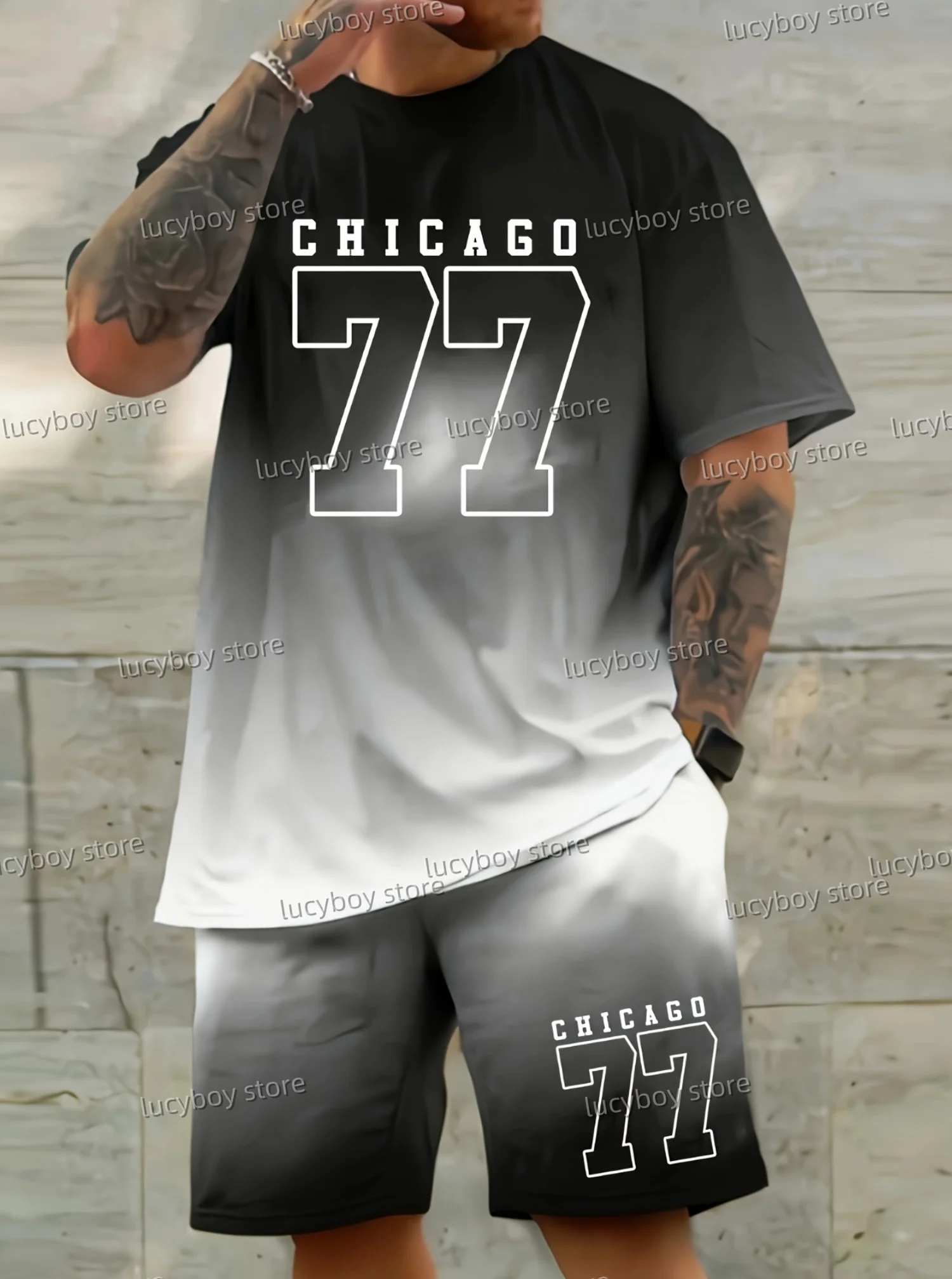 

Летний мужской спортивный костюм, комплект из 2 предметов CHICAGO 77, повседневная спортивная одежда с принтом, футболка, мужской спортивный костюм, комплект из 2 предметов, одежда