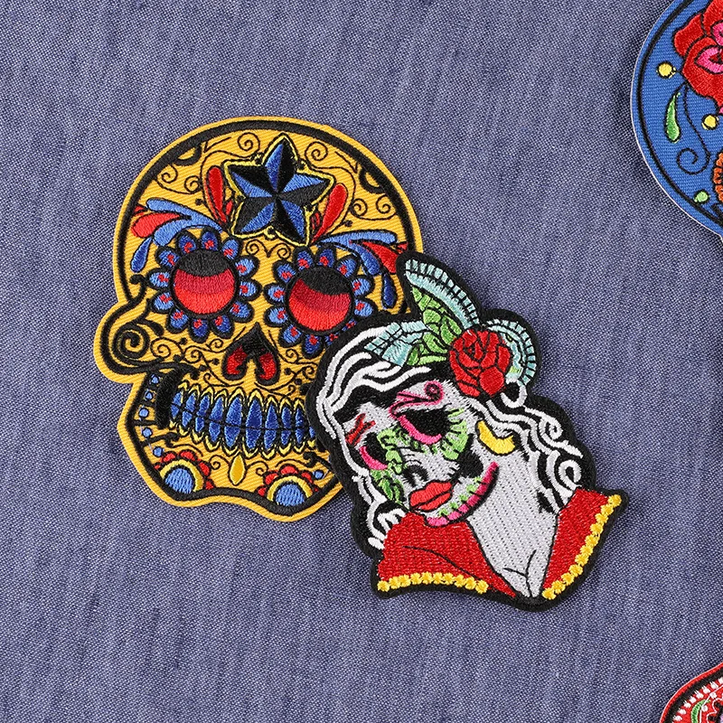 Embroidery Patches for Jeans Rose Skull Iron On Patch Badge Mexican DIY Personality Patch Embroidered for Festival