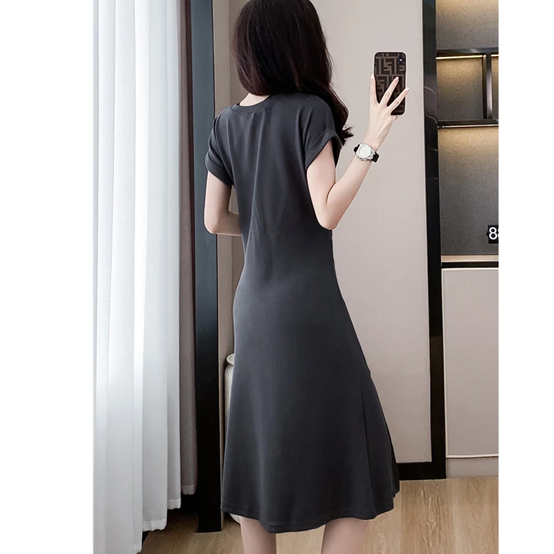 Women Cotton T-shirt Dresses Summer Female O Neck Short Sleeve Large Size Elegant A Line Black Gray Printed Split Slim Vestidos