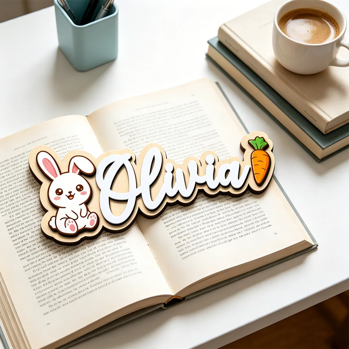 1pc wooden logo, customized name/letter, cartoon rabbit and carrot pattern, ideal gift for birth, baptism and wall decoration
