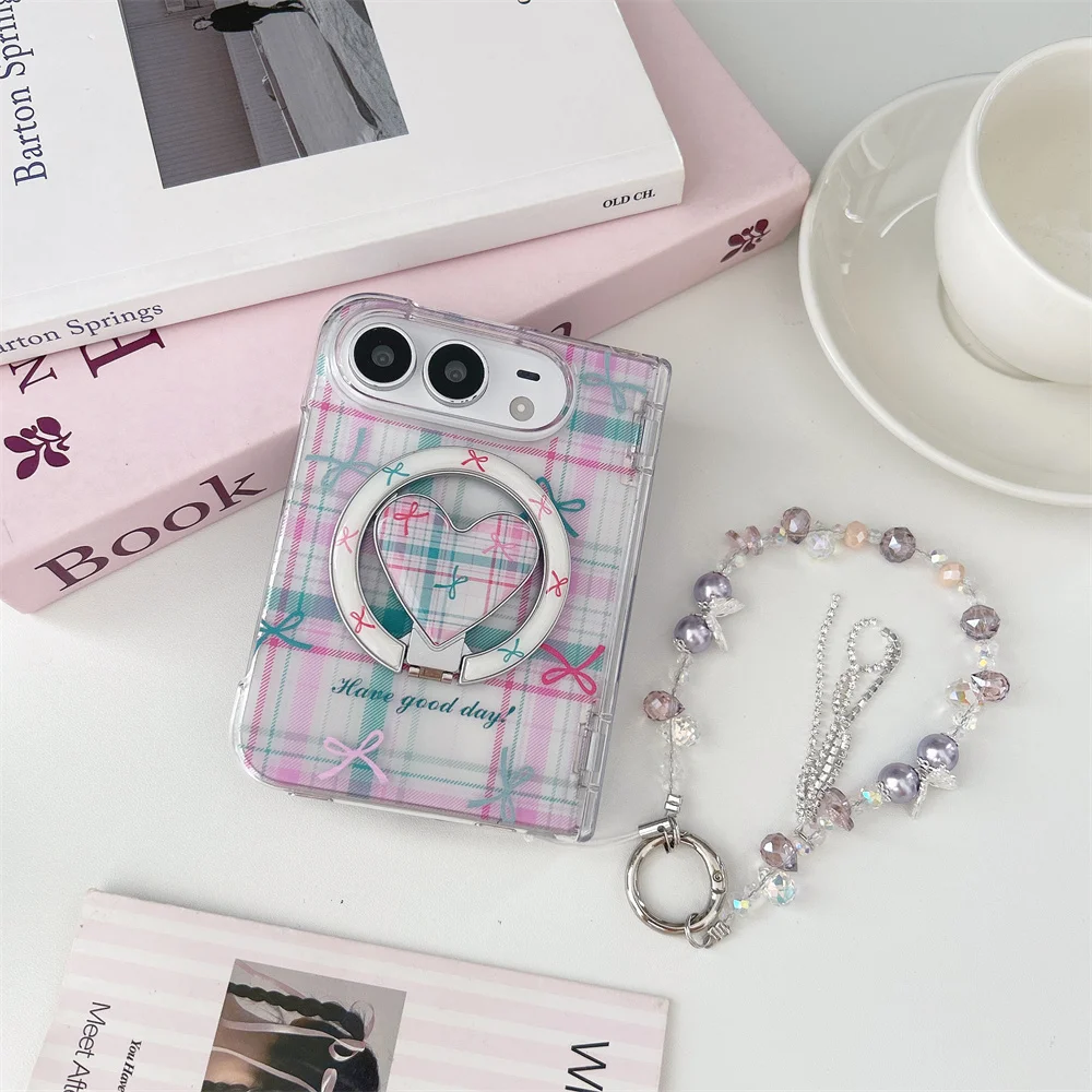 Fashion Korean Cute Full check bowknot Magnetic Phone Case For iPhone Duo Cover Kawaii Protective Cases With Chain For Magsafe