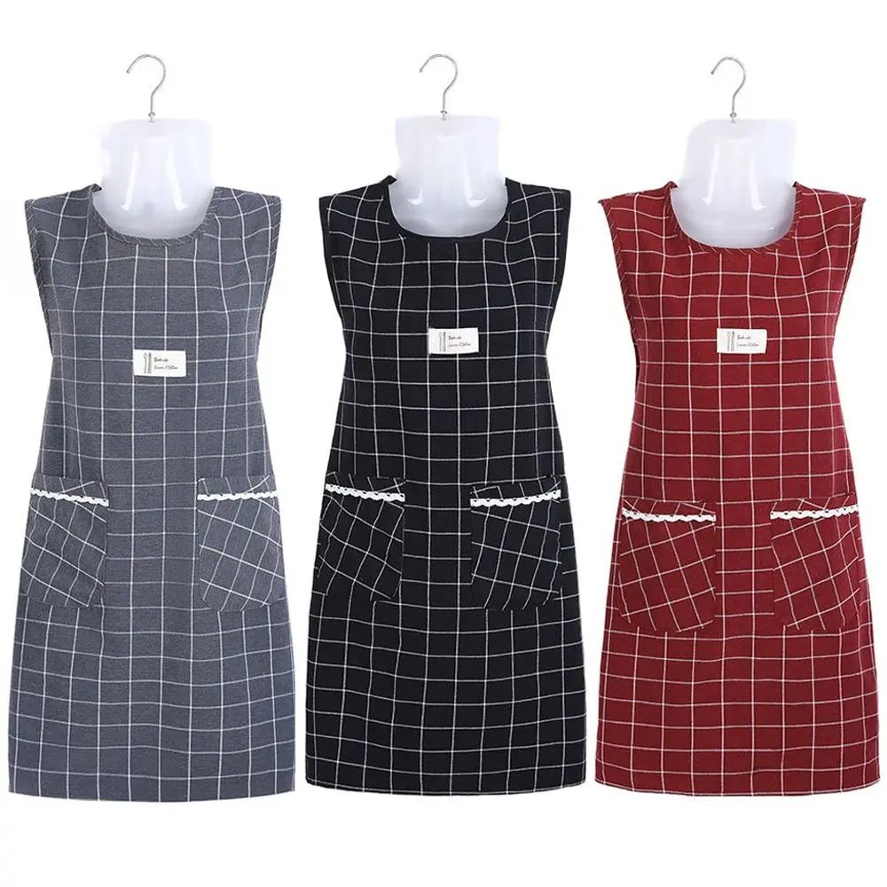 Household Plaid Women Sleeveless Apron Cotton Overalls Large Pocket Chef Aprons Oil-proof Cooking Apron Work Uniform