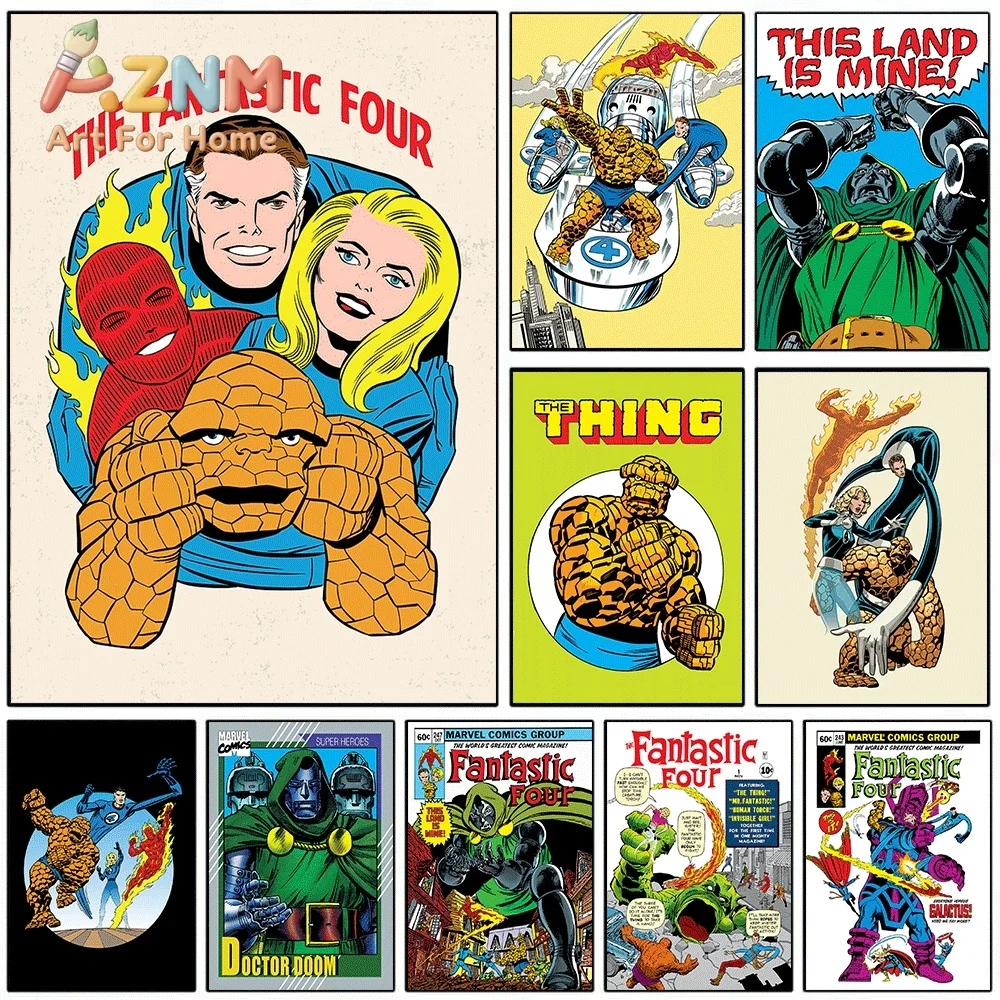 2D Flat Posters & Prints,The Fantastic Four Vintage Comic Canvas Wall Art,2D Flat Frameless Superhero Print,Home Decor for Boy