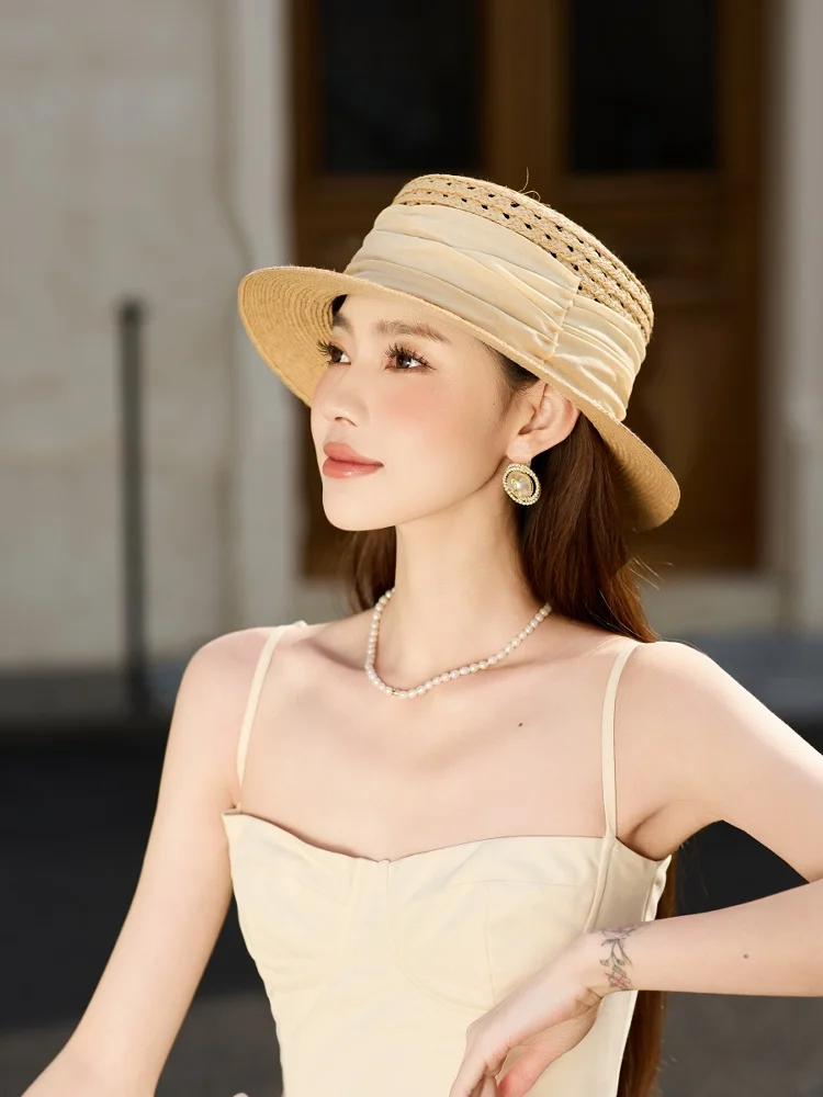 エレガントなレトロラフィー麦わら帽子女性用夏通気性中空ワイド織り折りたたみ布ギフト帽子旅行フラットつばキャップ