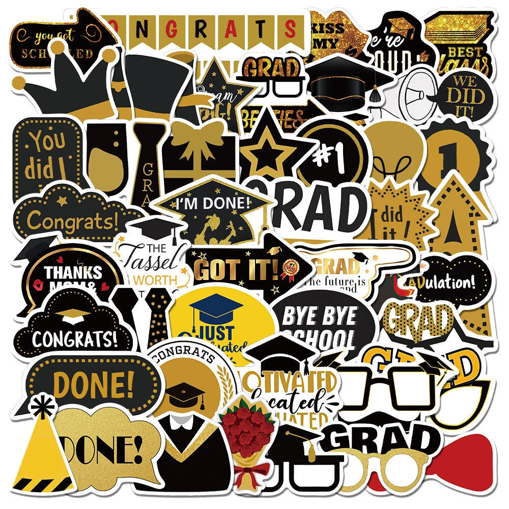 50PCS Graduation Stickers Student Stationery Grad Graffiti Decals Sticker for Cars Motorcycles Furniture Luggage Skateboards