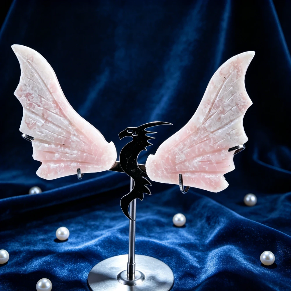 Natural Pink Opal Dragon Wing Carvings with Base Perfect for Decorating Your Home Ideal for Dragon