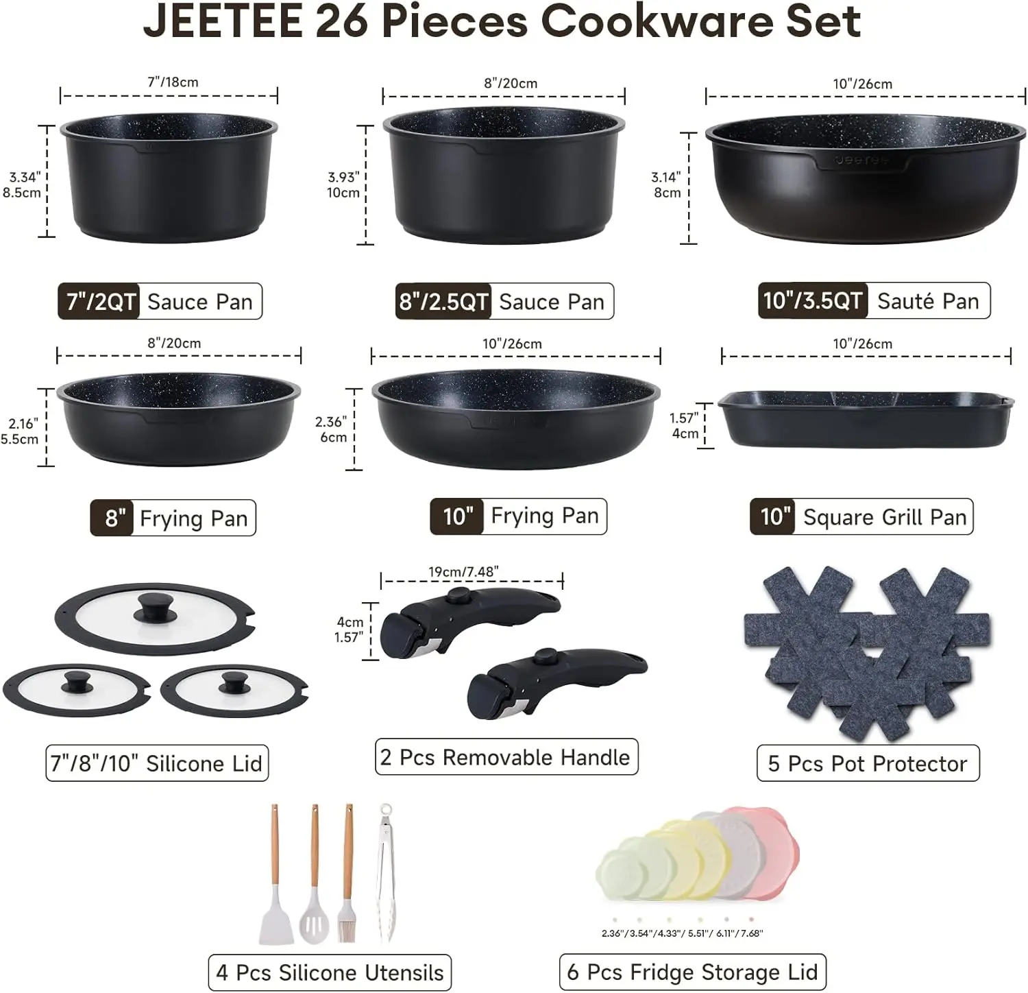 Pots and Pans Set Non Stick 26pcs, Cookware Set with Removable Handle, Induction Kitchen Cooking Sets with Detachable Han