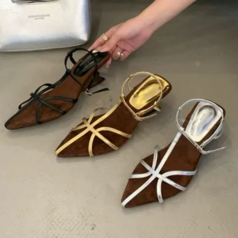 

New Style Popular Summer Strange Style Narrow Band Women's Sandals Fashion Pointed Toe Slingbacks Mid Heels Female Sandals