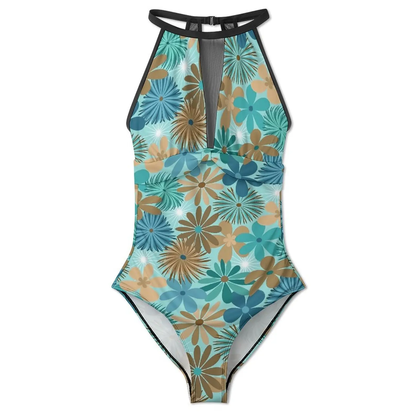 Ditsy Floral Swimsuit Sexy Blue and Brown Women Swimwear One Piece Fashion Swimsuits Surfing Push Up Cut Out Beachwear