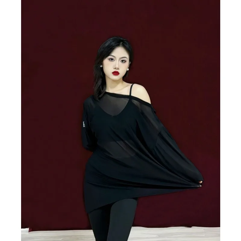 Abito da ballo latino personalizzato Camicia con copertura ampia Manica lunga Abito da pratica di danza standard nazionale R126