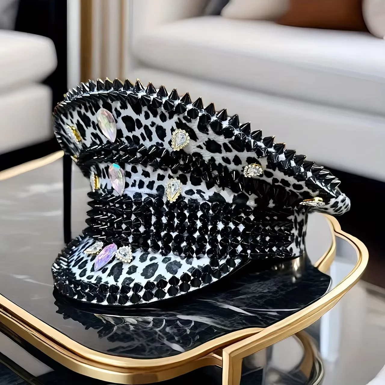 HongLuan Yellow Laser Leather Loop Captain Hat Rhinestone & Military Caps for Woman, Rave Festivals Accessories ＆ Party Cap Man