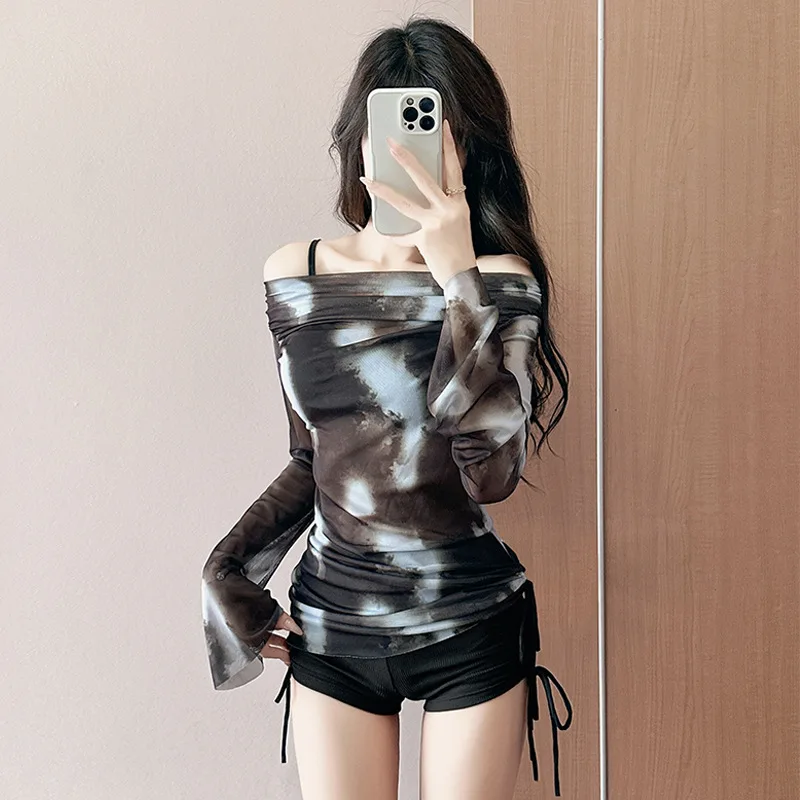 Swimsuit Women's Split Three-piece Long-sleeved Fashionable Tie-dye Blouse Sexy Bikini Conservative Slim Fit