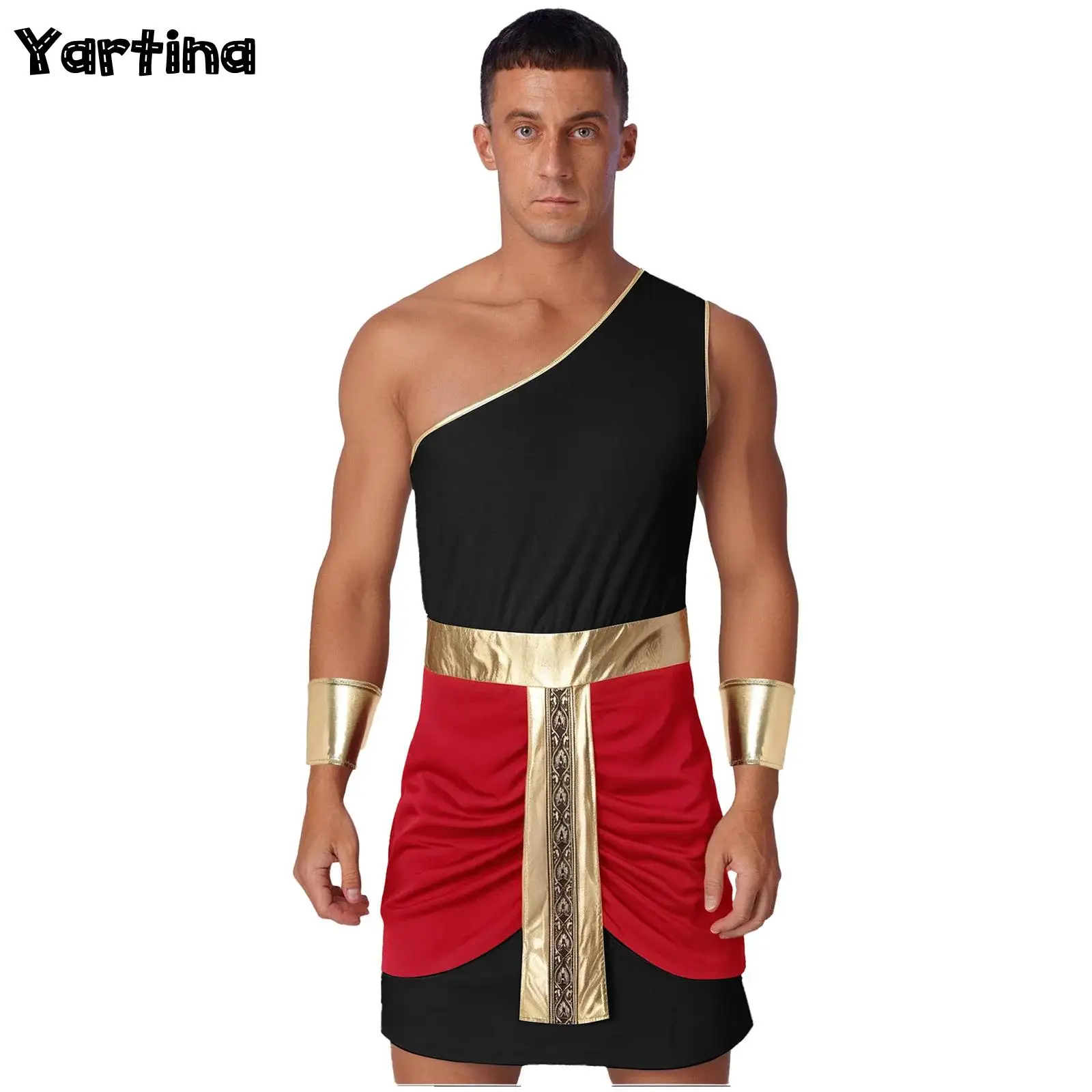 

Mens Egyptian Pharaoh Toga And Sleeves Halloween Cosplay Outfits One Shoulder Metallic Shiny Dress Robe Themed Parties Costume