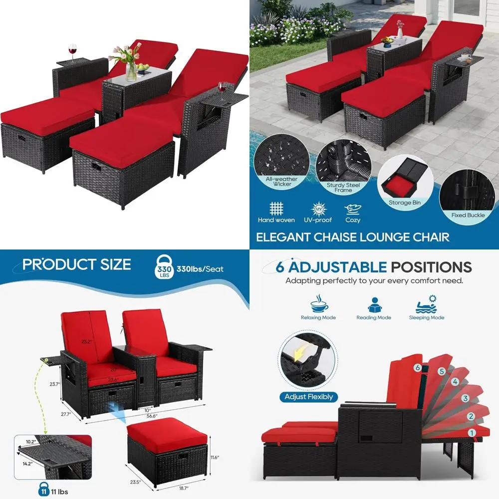 5PCS Outdoor Wicker Chaise Lounge Chair - Rattan Adjustable Reclining Patio Lounge Chair with Ottoman and Coffee Table, for Pati