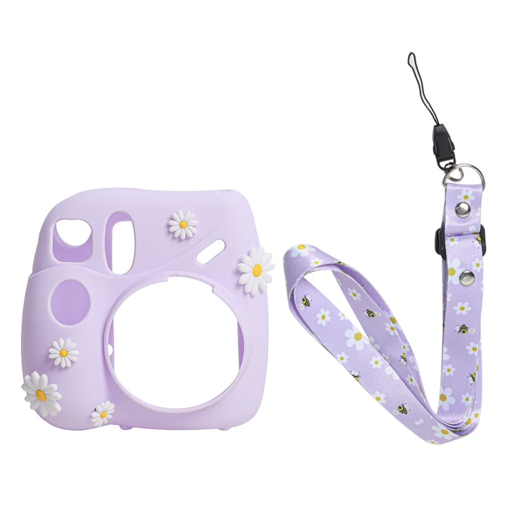 For Fujifilm Instax Mini 7+Camera Silicone Cover Solid Color Daisy Protection Soft Shell With Camera shoulder strap