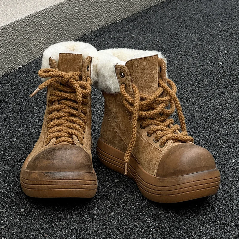 Botas planas básicas para hombre, botines lisos, botas de nieve de invierno para mujer, forro polar de lana, zapatillas de deporte Vintage cálidas de lujo, moda de marca