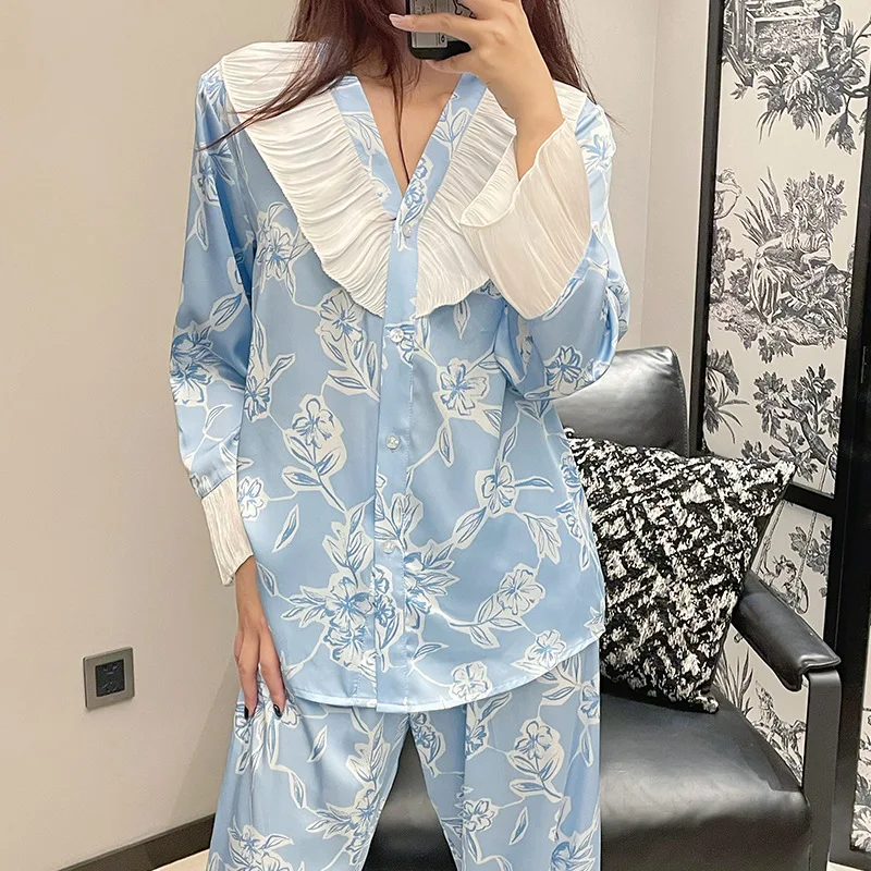 Spring Summer Pajamas Women Elegant Homewear Satin Pyjamas Suit Long Sleeve Trousers Set 2Pcs Print Flower Nightwear Sleepwear