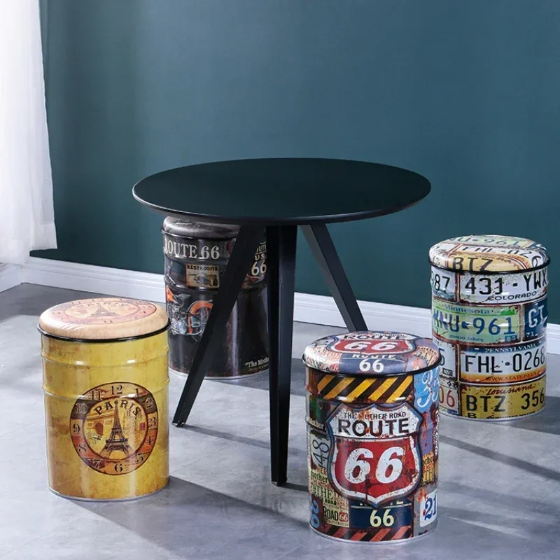 Vintage Bar Cartoon Iron Storage Stool Living Room Paint Dining Chair Household Stackable Anti Slip Small Round Bench