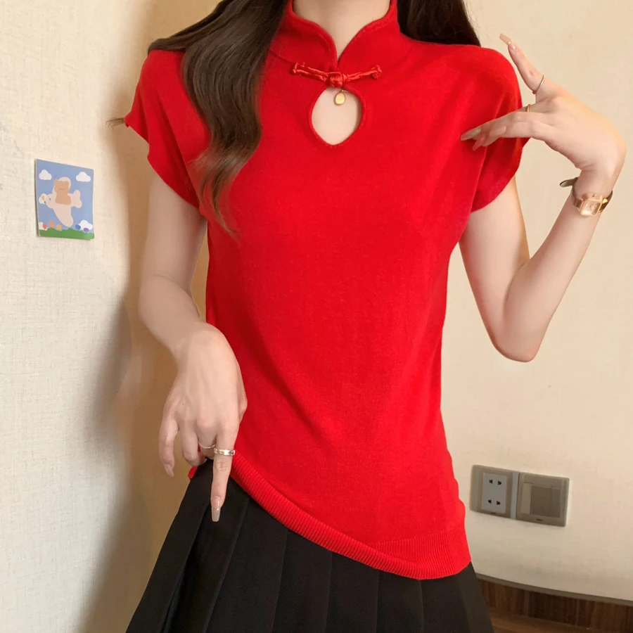 여성용 니트 스웨터 신상 반팔 니트 스웨터 여성용 풀오버 스탠드 칼라 니트 스웨터 풀오버 여성용 상의 니트웨어 Q2744