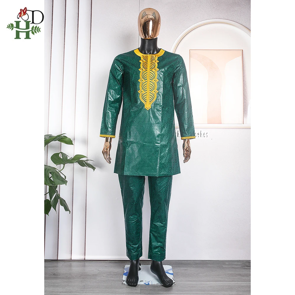 H & D-Roupas Tradicionais Africanas para Homens, Bazin Bordado, Camisa e Calças, Terno Verde, Bazin, Festa de Casamento, Conjunto 2 peças