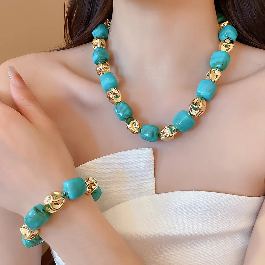 Trendy Bohemian Acrylic Ball Beads Choker Necklace Bracelet Set for Women Chunky Tube Necklaces 2025 Accessories Jewelry
