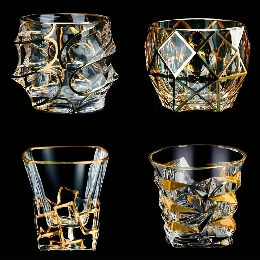 1pcs Crystal Glass Gold-plated Whiskey Glass Household Water Cup Drinking Utensils Kitchen Restaurant Bar Family Beer Cocktail