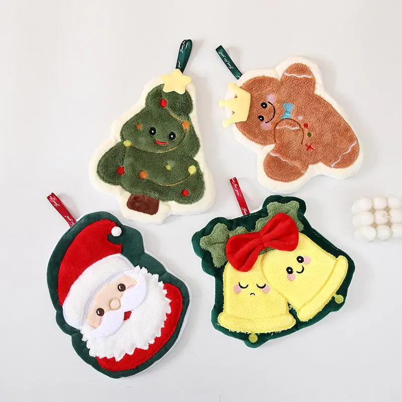 1PC Coral Fleece Christmas Santa Claus Hand Towels Water Absorption Quick-drying Hand Towel Christmas Tree Bell Kitchen Bathroom