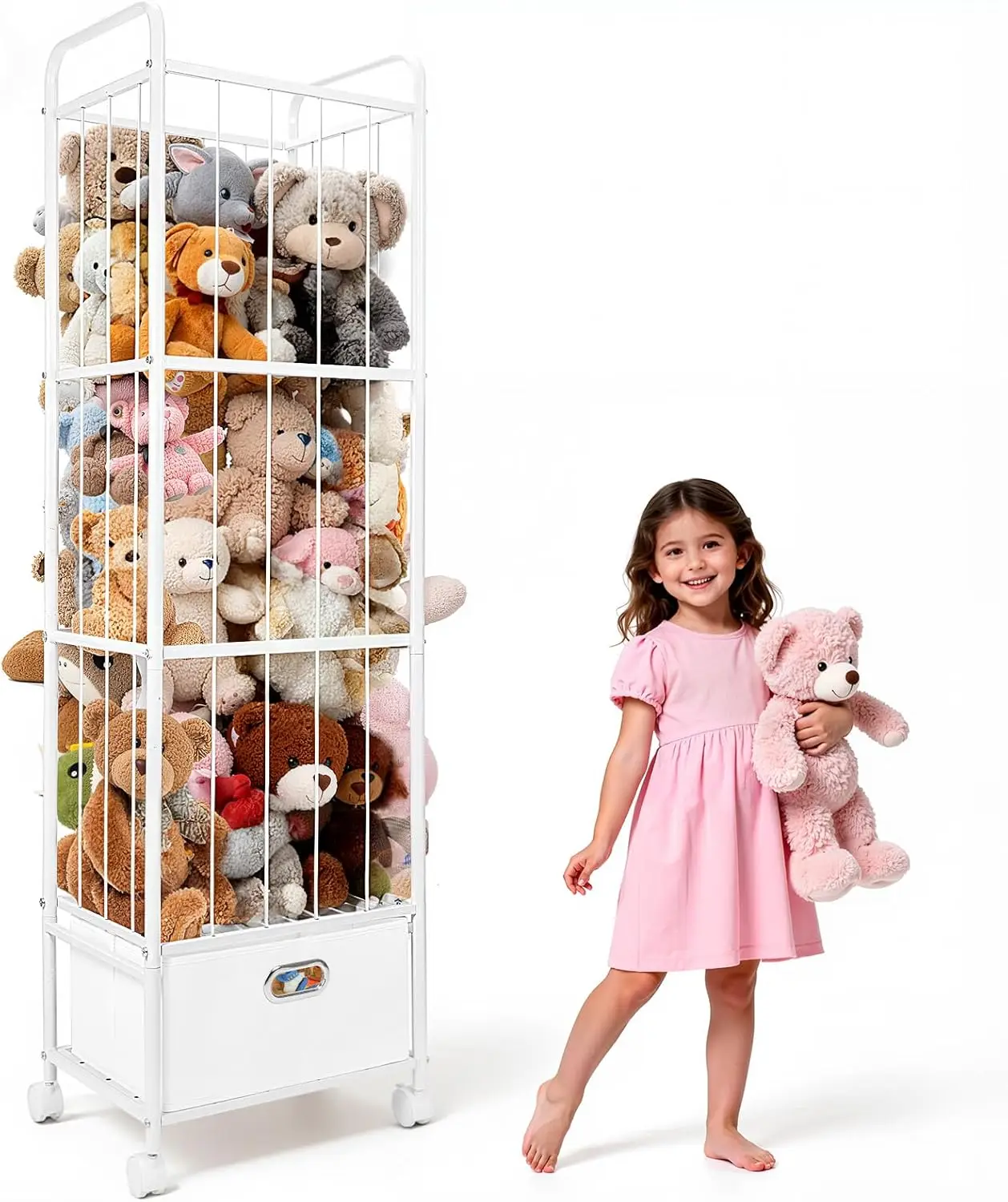 

Metal Stuffed Animal Storage with Drawer, Wheels & Elastic Band - Vertical Plush Toy Organizer for Nursery or Playroom