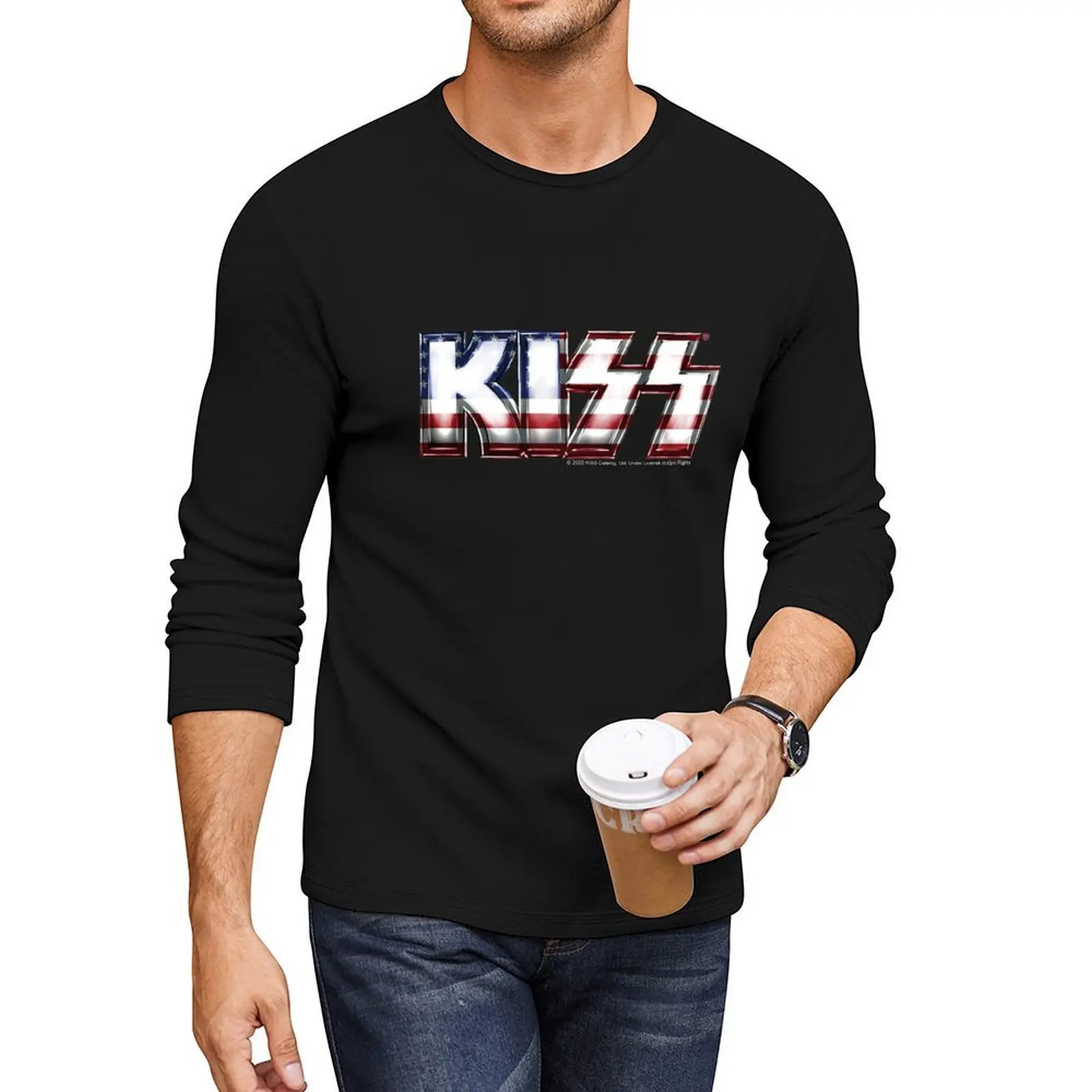 

KISS  rock music band - Metal USA Flag Contour Long T-Shirt t shirt man oversized t shirts black t shirt T-shirt men