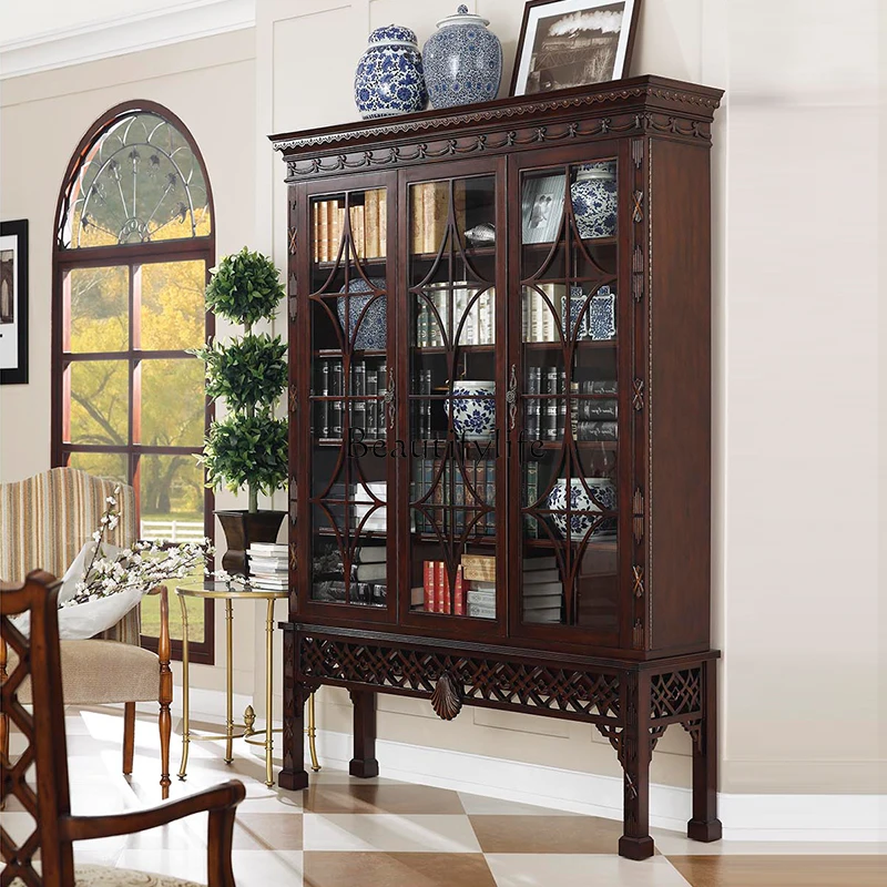 

American retro old three-door solid wood bookcase home display cabinet