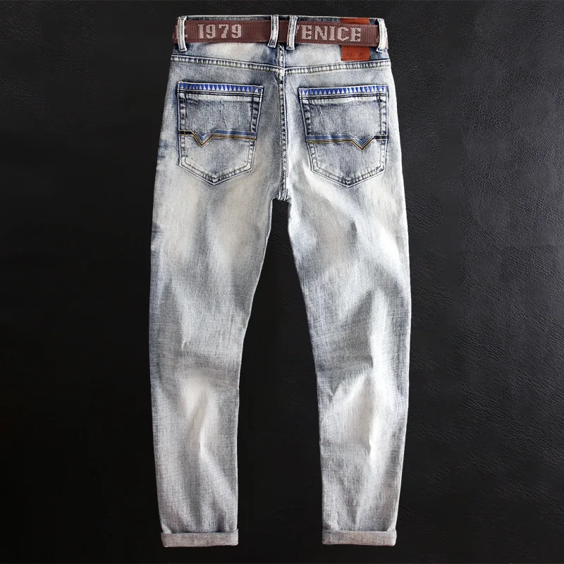 Newly Fashion Designer Men Jeans Retro Washed Blue Stretch Slim Fit Ripped Jeans Men Printed Vintage Casual Denim Pants Hombre