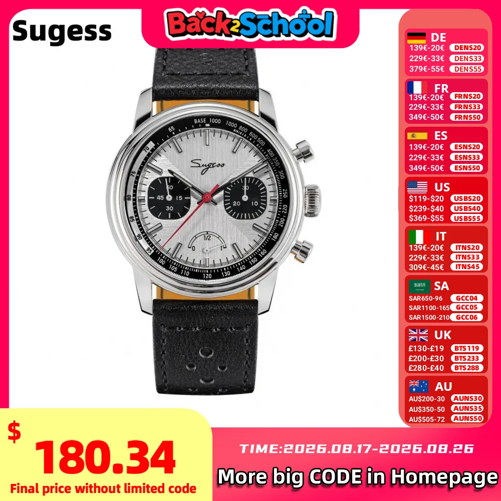 Sugess Pilot Watch Men ST1906 Movement Handwind Chronograph Wristwatches Sapphi…