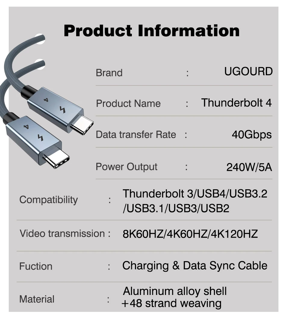UGOURD USB-C Thunderbolt 4 40Gbps USB4 Kabel USB Typ C zu C 240W Schnellladekabel Thunderbolt3 für EGPU SSD iPad MacBook Air – Detail 10