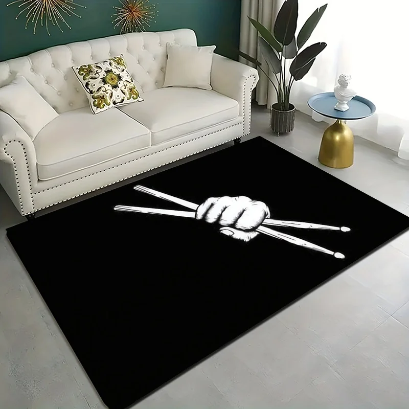 2D Flat Hand Holding Drumsticks Black Background Rock Music Flannel Area Rug Non Slip Band Decor Carpet For Living Room Studio