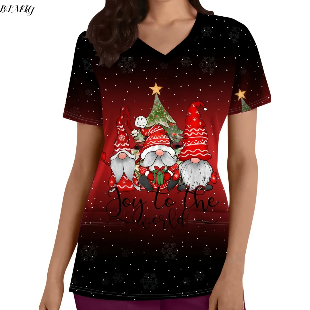 Haut de gommage à manches courtes imprimé nain pour Thanksgiving, col en v, avec poches, pour médecin, infirmière, médecin, dentiste, vêtements de travail pour femmes